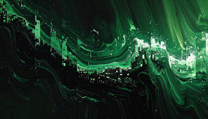 Abstract gradient of green black pixels forming digital noise pattern. Smooth transition, futuristic