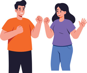 Cartoon characters, cheerful interaction, animated people, casual fashion, smiling faces, expressive pose,