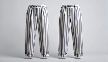 Two pairs of stylish striped trousers with pleats and cuffed hems, presented against a plain background.