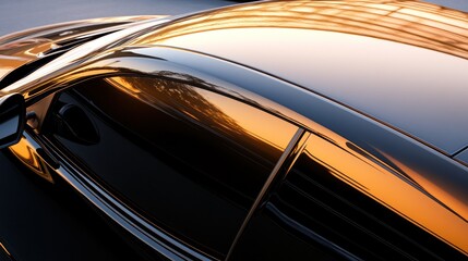 Close-up of a sleek, dark car's roof and windows reflecting a sunset
