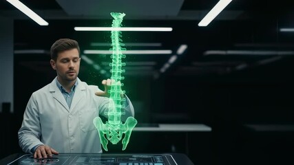 Man doctor analyzing human spine hologram. Digital visualization of vertebral column anatomy, modern medical research footage. - Powered by Adobe