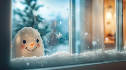 Snowy snowman at window, winter scene