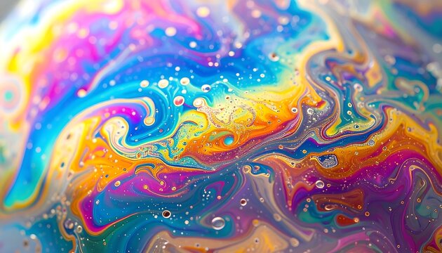 Displays vibrant multicolored iridescent patterns in a soap bubble, perfect for abstract backgrounds, science concepts, or artistic designs.