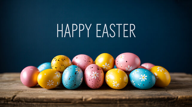 Colorful easter eggs on a wooden table for celebration - Powered by Adobe
