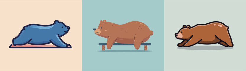 Fototapeta premium Three cartoon bears engage in yoga poses. The first stretches, the second rests, and the third bends forward, showcasing a fun and lighthearted scene.