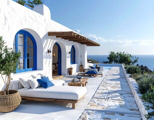 Fototapeta premium Mediterranean Minimalist Villa with White Walls and Blue Accents