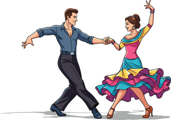 Colorful couple dancing together in vibrant traditional costume, elegant man and woman performing energetic dance movement, cultural celebration illustration