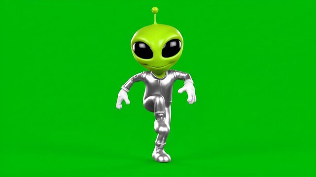 Green Alien Breakdancing on Chroma Key - A cartoon green alien is standing and preparing to breakdance against a green chroma key background. The alien is wearing a silver suit.