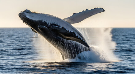 Fototapeta premium Whale breaching action in the ocean wildlife photography serene seascape close-up view of nature's majesty