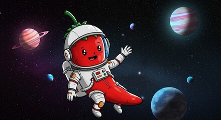 Naklejka premium Cartoon chili pepper astronaut floating in space among planets vector illustration