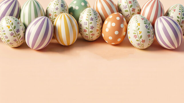 Decorative easter eggs with patterns on a peach surface