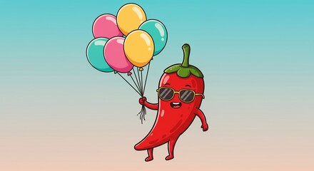 Cartoon chili pepper holding balloons against a gradient background
