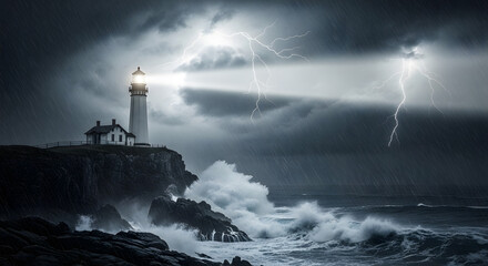 Stormy lighthouse illumination coastal landscape photography dramatic weather eye-level nature's power