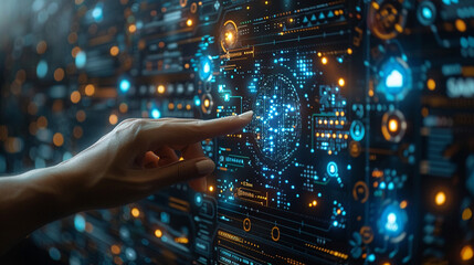 A hand points to a digital interface with glowing data visualizations, showing complex information and connections..