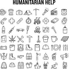 Humanitarian Help and Disaster Relief Outline Icons Set: Essential Equipment for Emergency Aid, Survival, First Aid, and Crisis Response