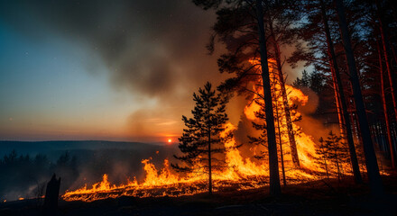 Wildfire blaze engulfs forested landscape at dusk stunning visuals of nature’s fury