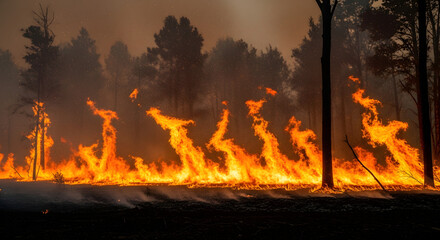Wildfire event consumes forest landscape dramatic flames erupting in smoky environment captured at dusk