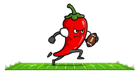 Cartoon chili pepper running with american football on a field