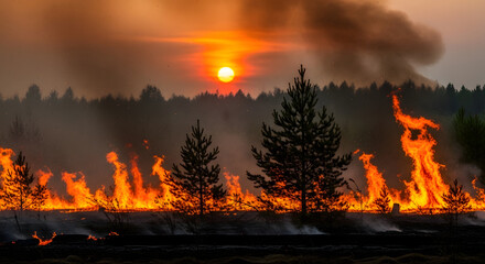 Forest fire raging at sunset nature scene dramatic skies fiery landscape outdoor photography