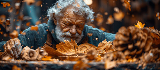 Senior artisan carving wood amidst autumn leaves.