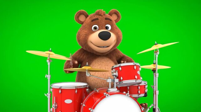Cartoon Bear Drummer on Green Screen - A cartoon bear character is playing a red drum set with cymbals against a vibrant green chroma key background.