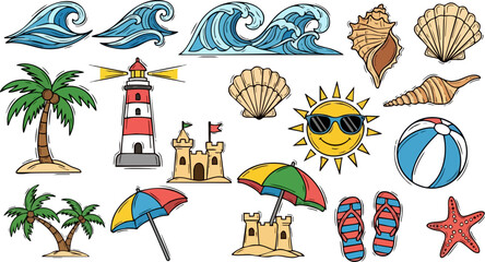 Fototapeta premium Vibrant Hand-Drawn Cartoon Beach and Summer Vacation Elements Collection with Bold Outlines