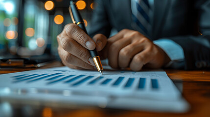 Businessman analyzing financial data in a meeting. Close-up of hands reviewing bar graph charts.