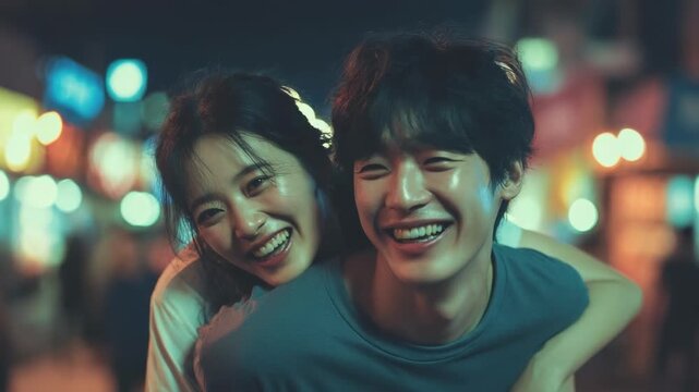 A smiling couple sharing a playful piggyback ride on a neon-lit street at night.