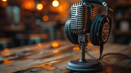Vintage microphone and headphones on a wooden table in a cafe.