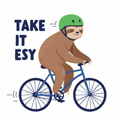 Cute Handdrawn Sloth Riding Bicycle With Helmet Illustration Graphic