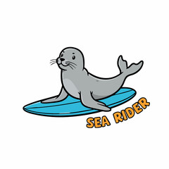 Cartoon Funny Seal Riding Surfboard with Sea Rider Text Illustration