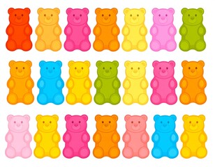 Colorful gummy bears arranged in rows