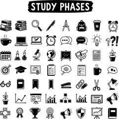 Study Phases Education  Learning Icons Set - School, University, Academic Supplies  Achievements in Black  White