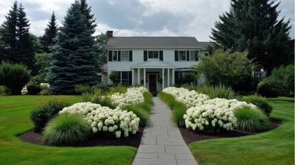 Obraz premium Beautiful suburban house with white hydrangeas and well-manicured lawn, showcasing a picturesque garden pathway lined with lush green shrubs and trees.