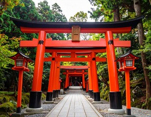 Red torii gates in a forest path
