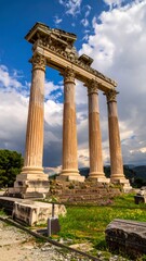 Ancient columns under a dramatic sky