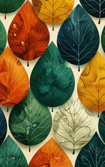 Autumn leaves in a repeating pattern, with water droplets, in various shades of orange, red, green, and yellow, on a beige background.