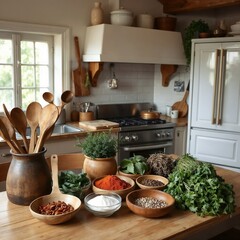 Cozy kitchen with herbs and spices preparation on a wooden table for cooking recipes