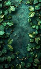 Dark teal textured background with lush green leaves and gold berries.