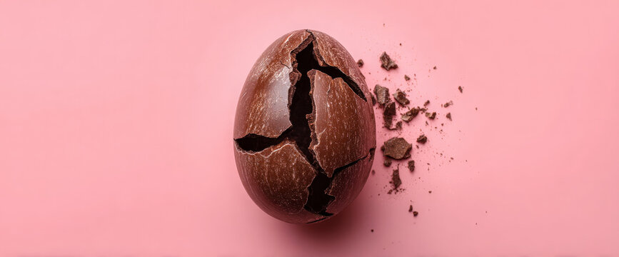 A cracked chocolate egg on a soft pink background, with pieces of chocolate scattered around, suggesting a festive or celebratory theme, ideal for seasonal promotions or dessert recipes - Powered by Adobe