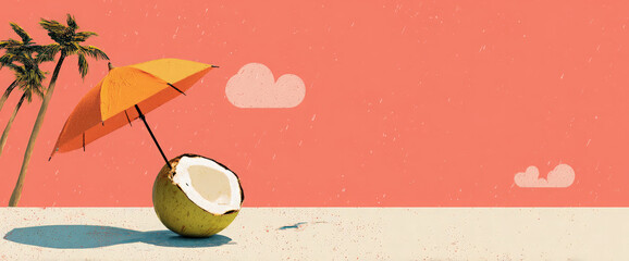 A vibrant tropical scene featuring a coconut with an umbrella on a sandy beach, surrounded by palm trees against a pink sky with fluffy clouds, evoking a sense of relaxation and summer vibes