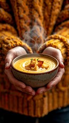Warm soup held in hands, autumnal colors
