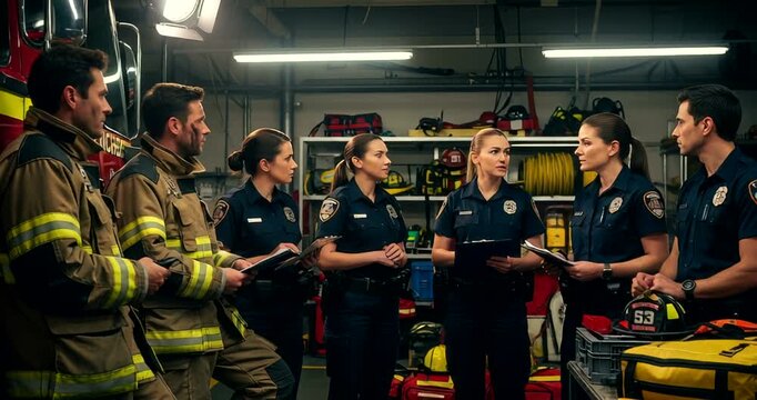 Firefighters and Paramedics in Station Discussing Emergency Response Strategy and Teamwork Training