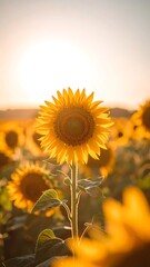 Obraz premium Sunflowers in a field at sunset