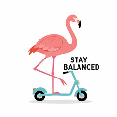 Cute Cartoon Flamingo Riding Scooter Illustration with Balanced Motivation Phrase