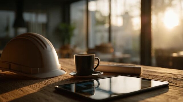 Construction Site Breakfast: An architect's desk becomes a morning tableau with a hard hat, tablet, coffee cup, and book, bathed in the warm light of dawn.