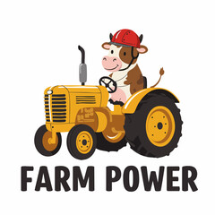 Cartoon Cow Driving Farm Tractor With Helmet and Funny Expression