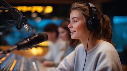 A group of juniors runs a school radio station in a booth with microphones live playlists scrolling soundboards blinking and a host reading announcements presented in a vibrant