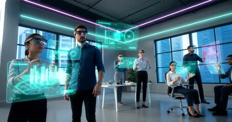 Collaborative meeting with Augmented Reality technology for future innovation in modern office space - Powered by Adobe