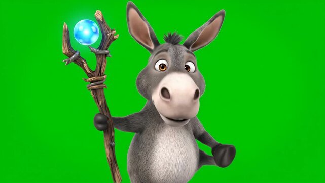 Cartoon Donkey Wizard Staff Chroma Key - This video features a cartoon donkey character holding a wizard staff with a glowing orb against a green screen background.
